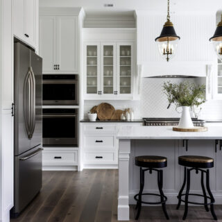 Beautiful white kitchen in contemporary farmhouse style luxury property with dark accents. Generative AI