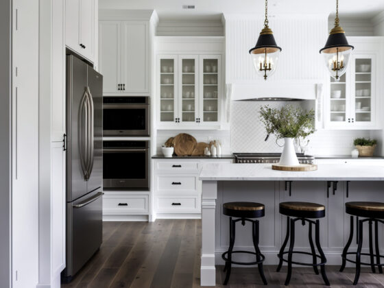 Beautiful white kitchen in contemporary farmhouse style luxury property with dark accents. Generative AI